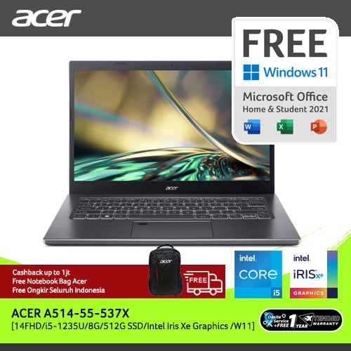 (TIDAK ADA BANTALAN LAPTOP) ACER ASPIRE 5 SLIM (12TH GEN) PERFORMANCE LAPTOP A514-55-537X [14"FHD/IN