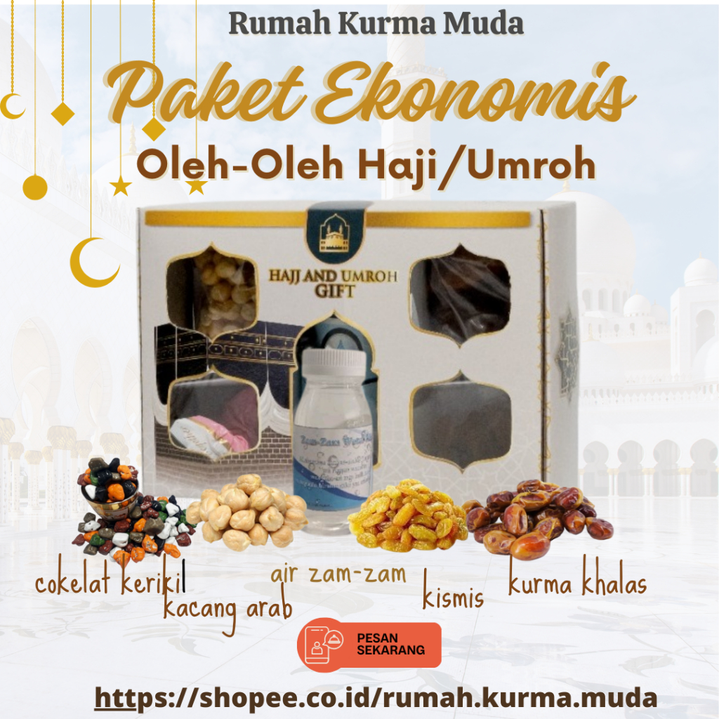 

Rumah Kurma Muda - Paket Oleh Oleh Haji Dan Umroh Ekonomis Zam Zam 80 ml Coklat Kerikil Kacang Arab Kismis Simil dan Khalas| Paket Oleh-oleh Haji Umroh | Oleh Oleh Haji Umroh Hemat, Oleh Oleh Umroh Haji