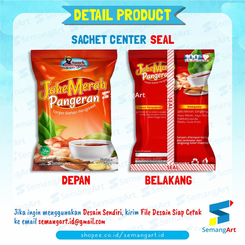 

Kemasan Sachet 10x13,5 Center Seal Bantal Plastik Klip Ziplock Flat Bottom Cetak Full Printing Bungkus Makanan / Masker / Bumbu / Minuman / Collagen / Teh / Kopi Desain Custom