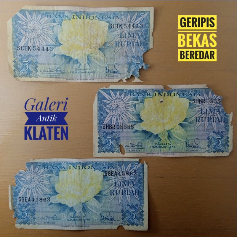 Geripis Asli 5 Rupiah Tahun 1959 Seri Bunga Rp Burung Uang Kertas Kuno Duit lama Indonesia Original