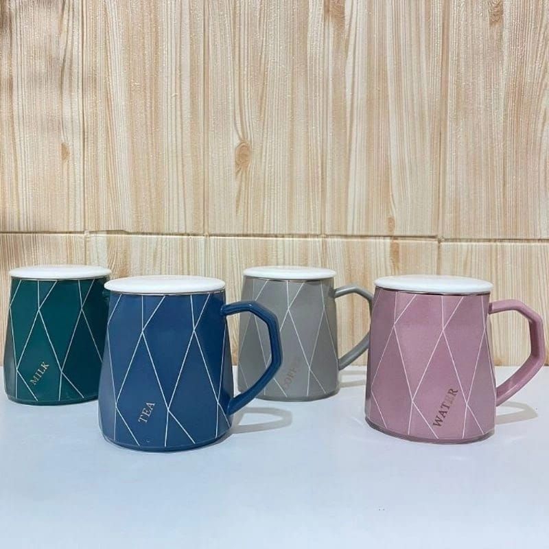 Mug Keramik Tutup Sendok Stainless Polos Elegant NK540