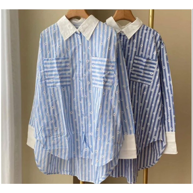 Kemeja Katun Lengan Panjang Garis-Garis Biru