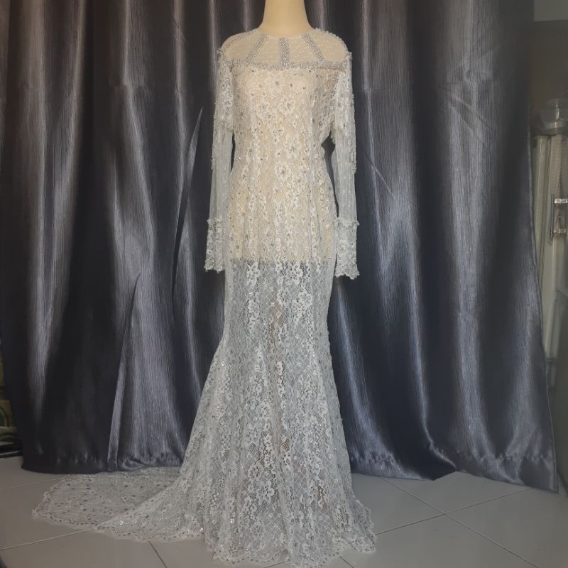 dress akad duyung putih + kerudung payet swarowsky dan mutiara