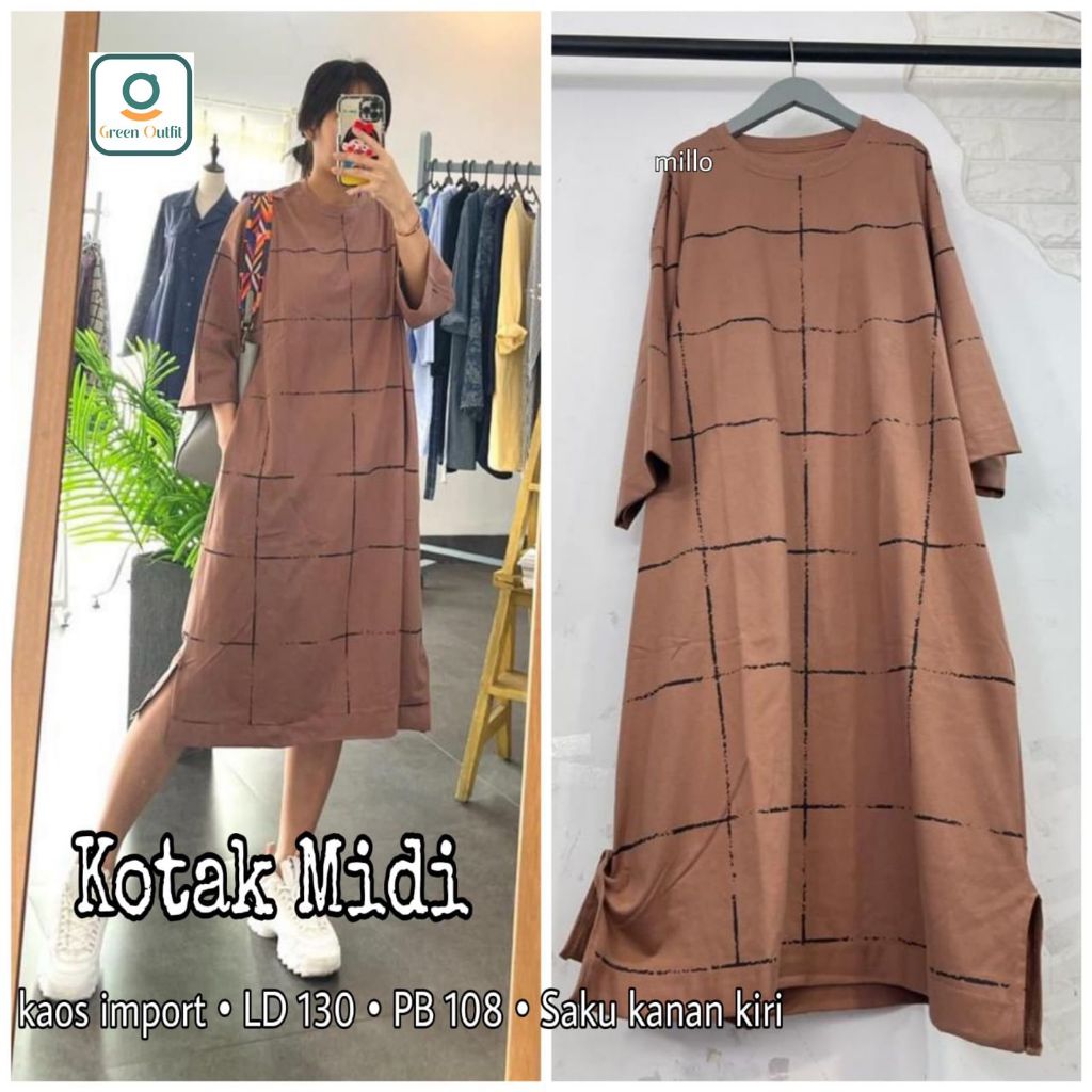 kotak midi tunik tunic baju pakaian atasan dress dres panjang selutut motif kotak jumbo ld 130 big s