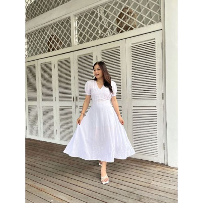 MIDI DRESS - WHITE DRESS - KOREAN DRESS - V NECK DRESS - DRESS PARTY - RAYON DRESS