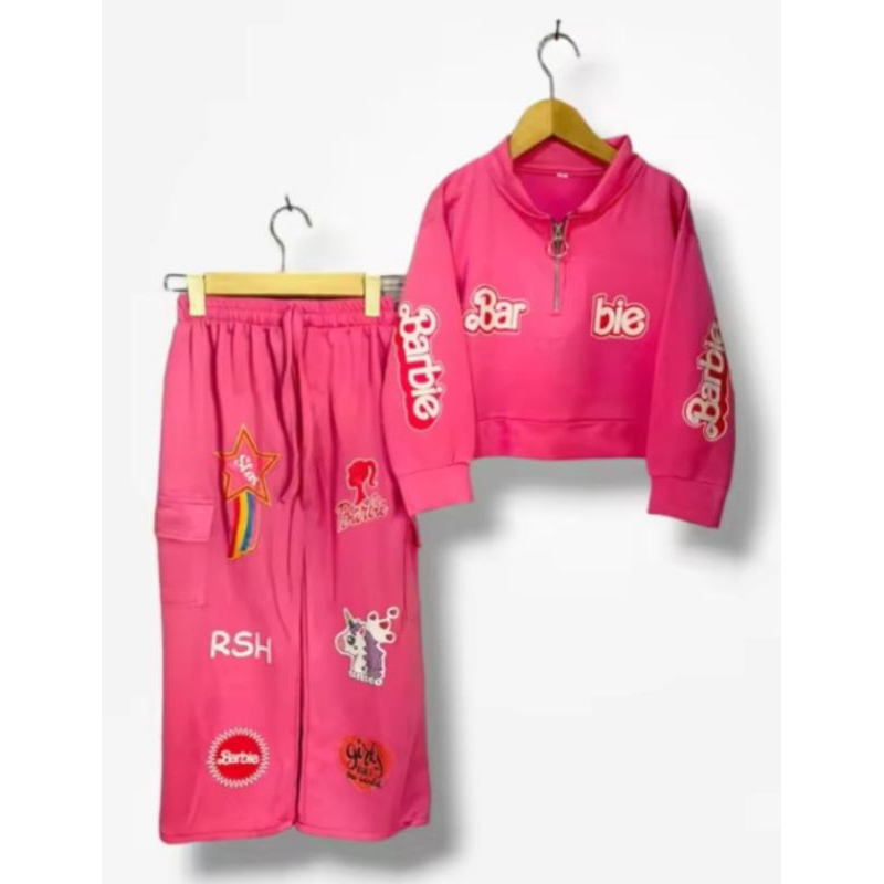 Setelan crop anak perempuan set crop top barbie