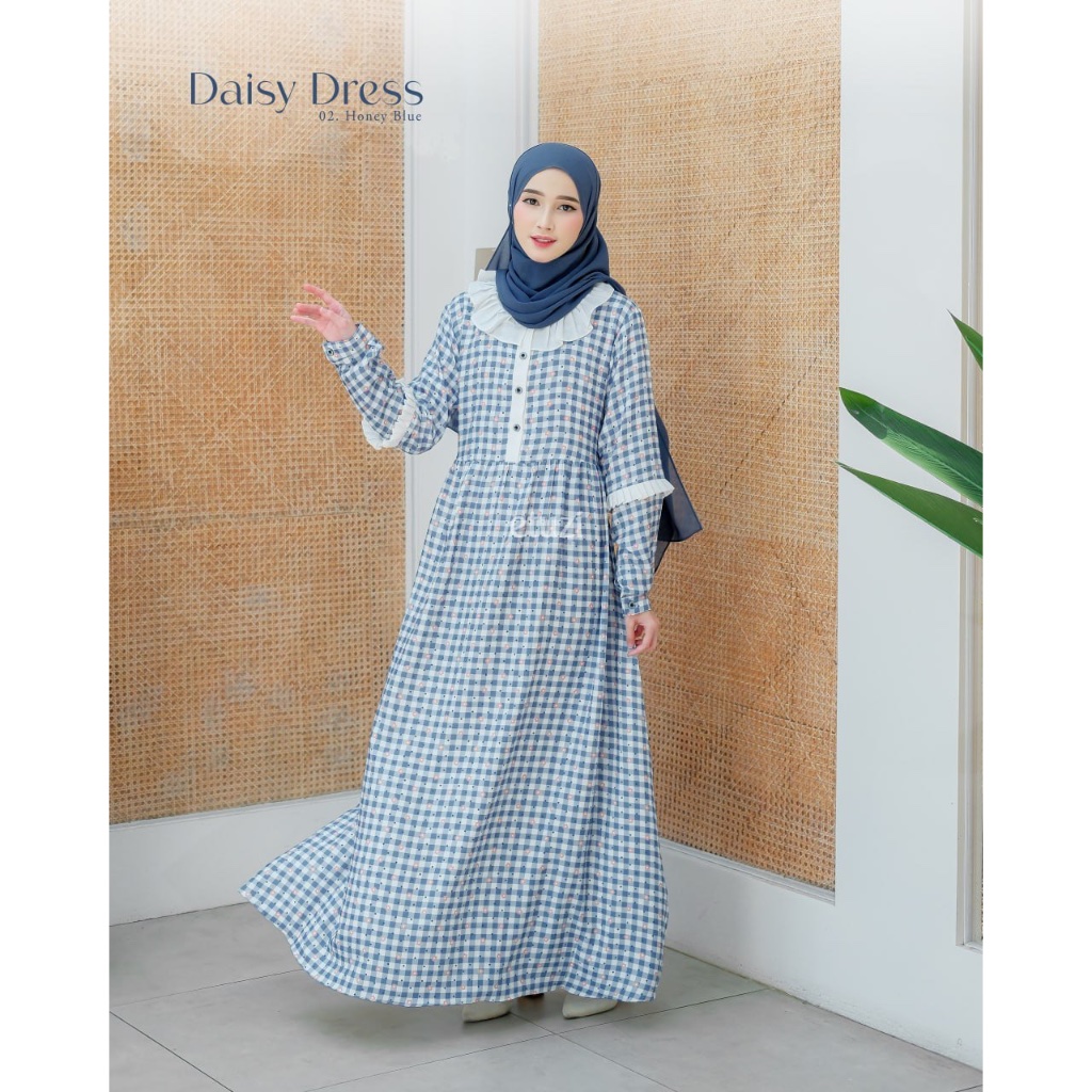 Dress Kuliah motif bunga kotak kotak - Gamis Korean Style motif kekinian - Dress Diskon Murah Daisy 