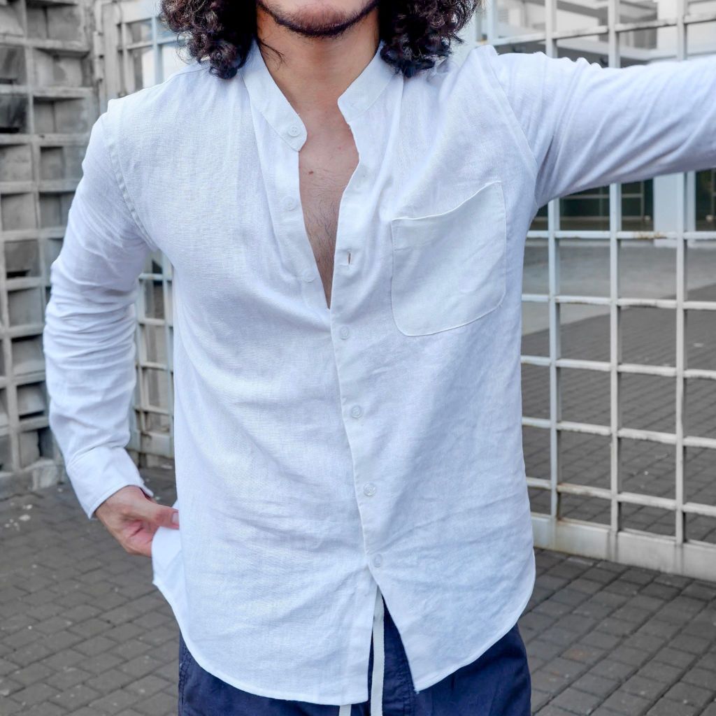 REMEDY Kemeja Linen Pria Putih Koko Panjang - Marakesh Linen Shirt