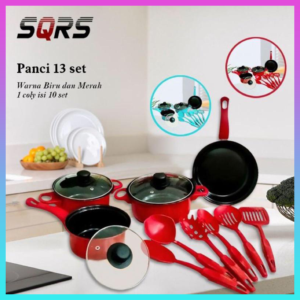 SQRS SET 13 PCS || Panci Set Serbaguna 13 pcs / Cookware Marble Set Tutup Kaca Free Spatula / Panci 