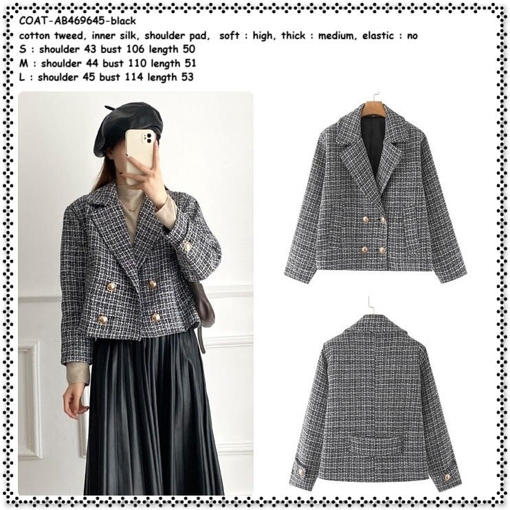 AB469645 Blazer Blezer Jas Kotak Kerja Formal Katun Tweed Premium Wanita Korea Import Hitam Black
