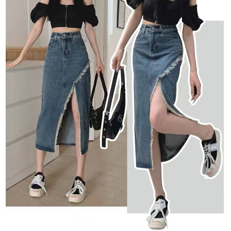 【wanita_id】rok jeans panjang rok korean style highwaist 7/8 rok a line rok midi skirt rok belah samping kekinian