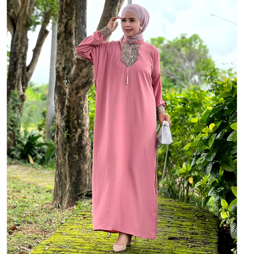 Gamis Sultan Renda Kringkle Airflow Premium Dress Kaftan Arab Polos Simple Busui Friendly Hitam-Pink Dusty Kaftan