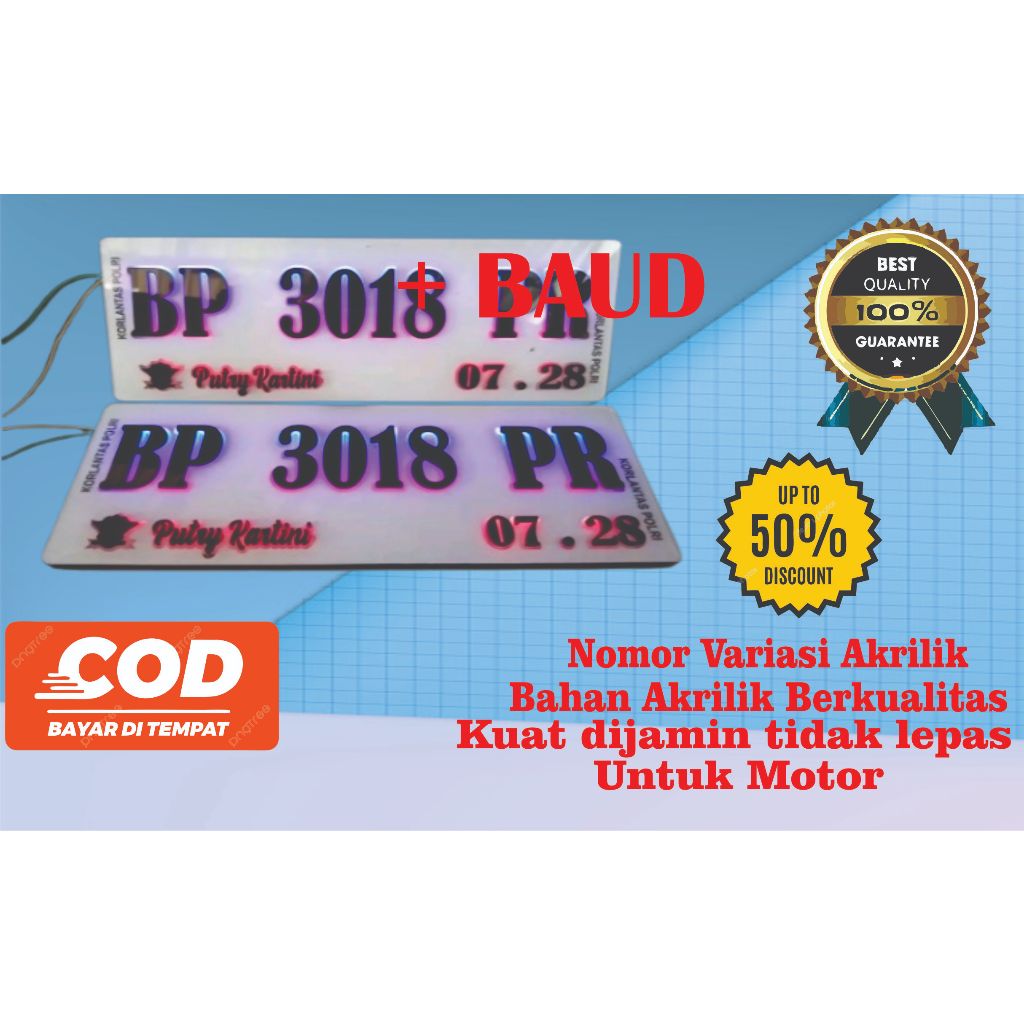 Plat Nomor variasi Motor terbaru Background putih Timbul nyala Baud tanam (Sepasang)