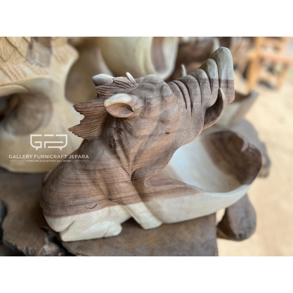Patung Boneka Mulut Terbuka Babi Hutan Kayu Solid 40cm