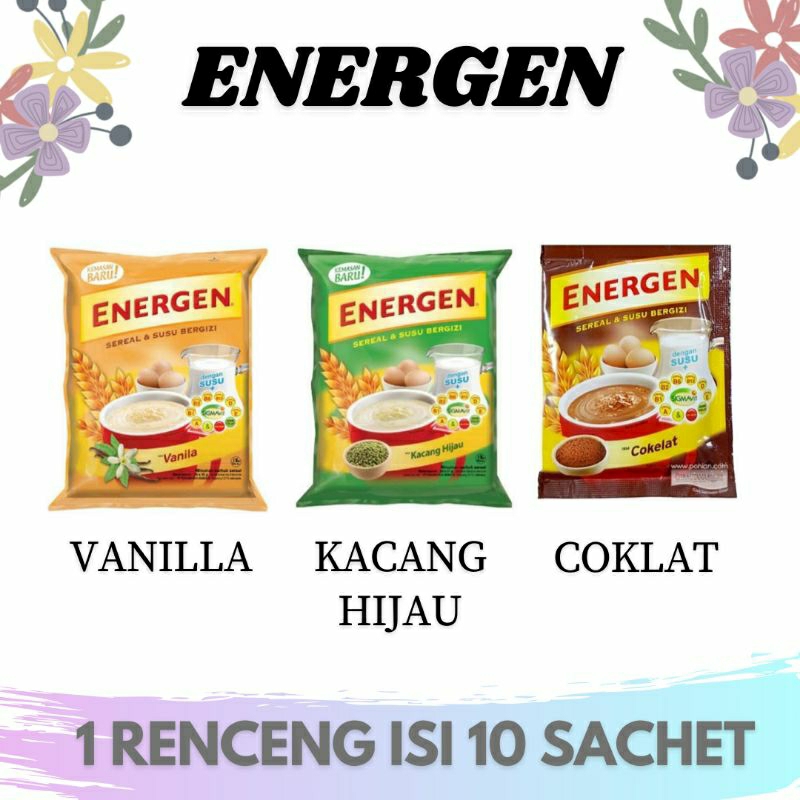 

Energen 1 renceng isi 10 sachet rasa Coklat, vanilla, kacang hijau