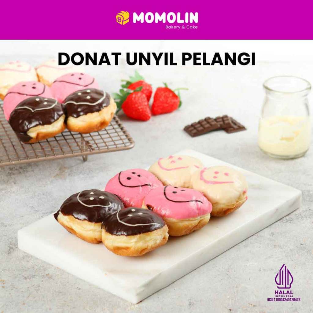 

Momolin Bakery Donat Unyil Pelangi (isi 6) | Topping Coklat Strawberry Melon