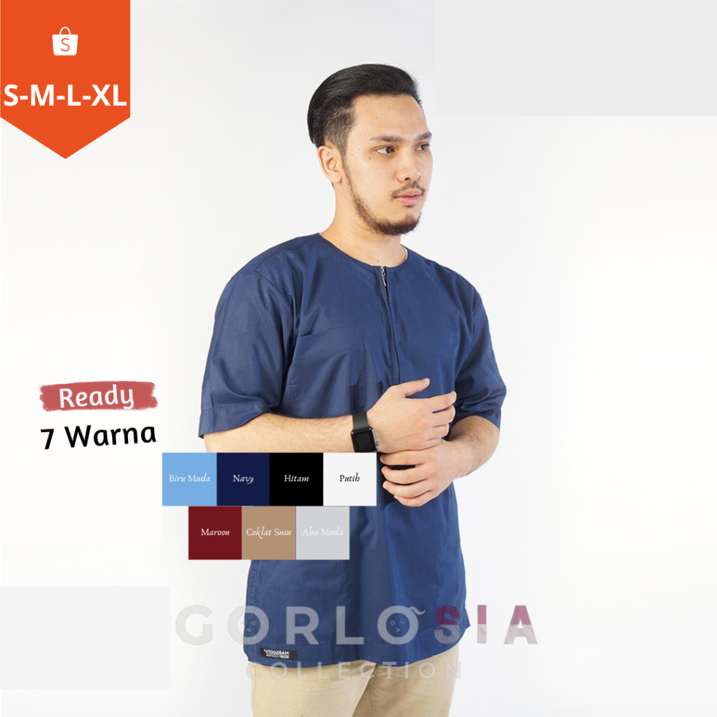 New Baju Koko Kerah Oneck/Tanpa Kerah | Baju Koko Model Resleting Lengan Pendek | Baju Koko Bahan Pr
