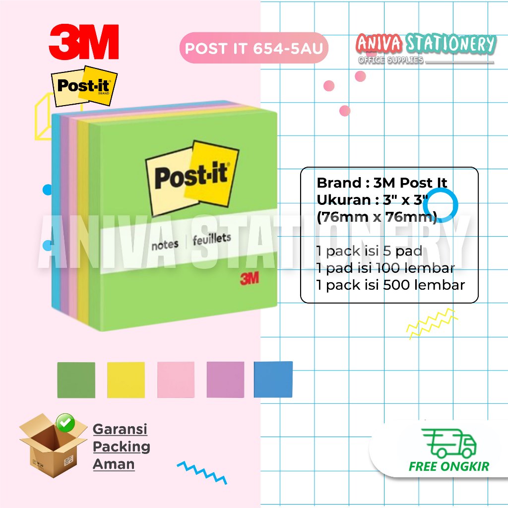 

3M POST-IT STICKY NOTES FLORAL FANTASY 654-5AU MEMO 5 PAD 3x3" 500 lbr