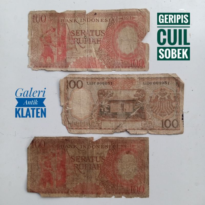 Asli Rusak 100 Rupiah Tahun 1958 Seri Pekerja Tangan Uang Kertas Kuno Duit Lama Indonesia Original Penyadap Karet