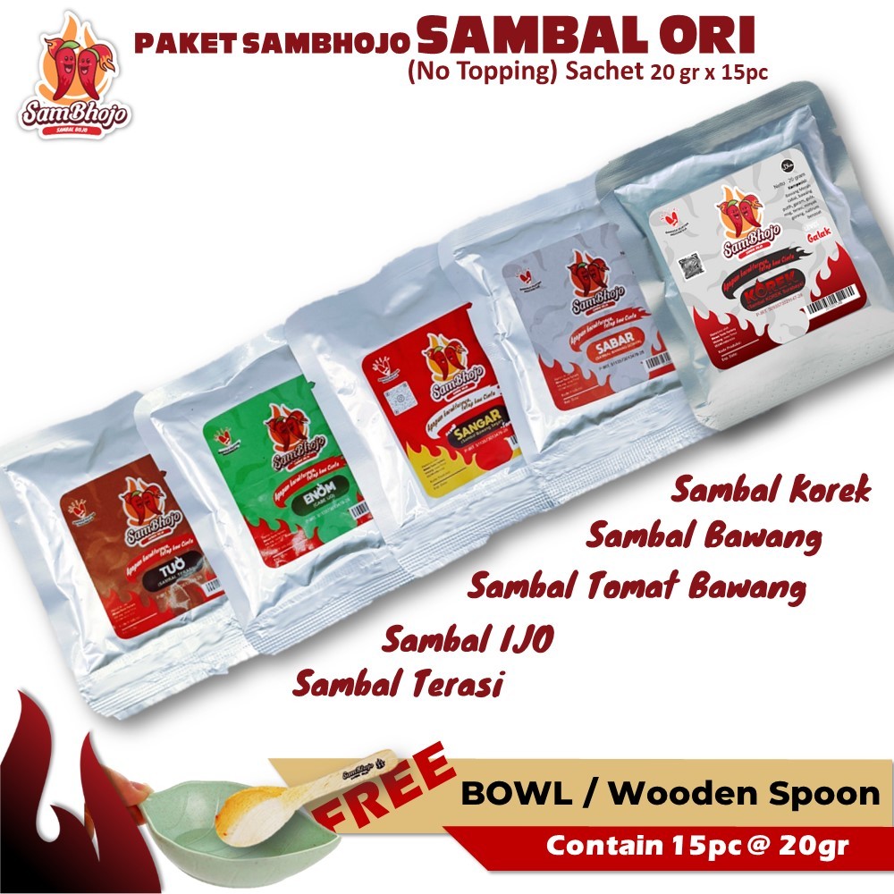 

SamBhojo - Paket Sambal Bawang, Sambal Terasi, Sambal ijo, Sambal Korek 15 Sachet Gratis mangkok/Sendok