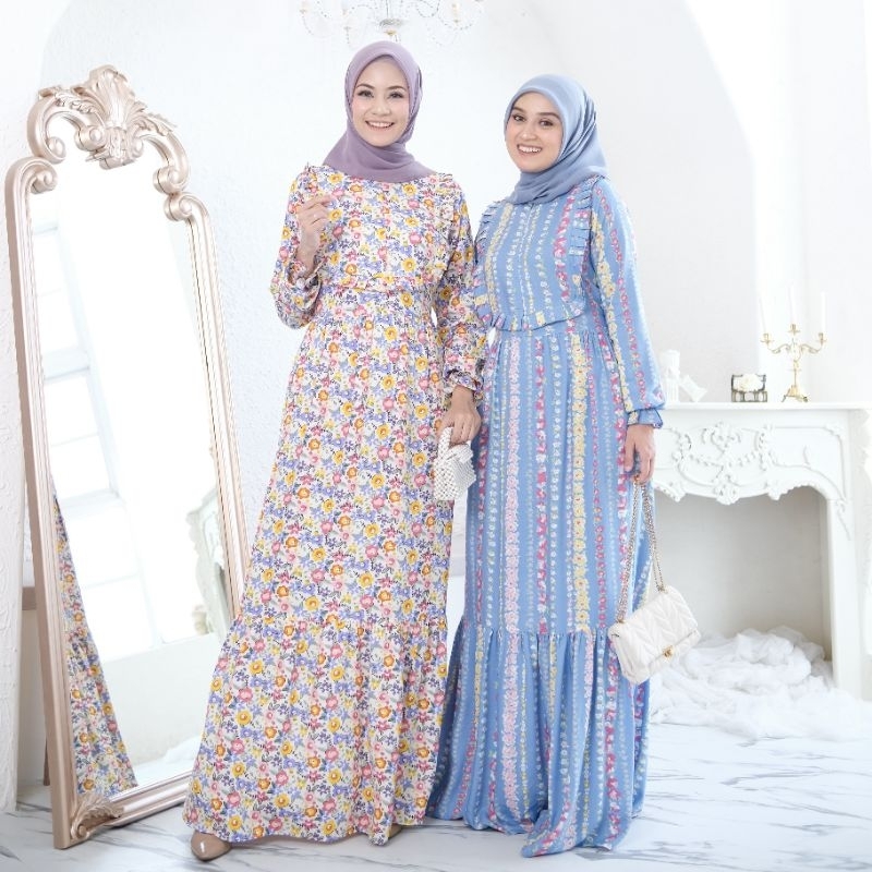 Ounadoutfit Emina dress wanita muslimah premium bahan rayon adem motif bunga kekinian