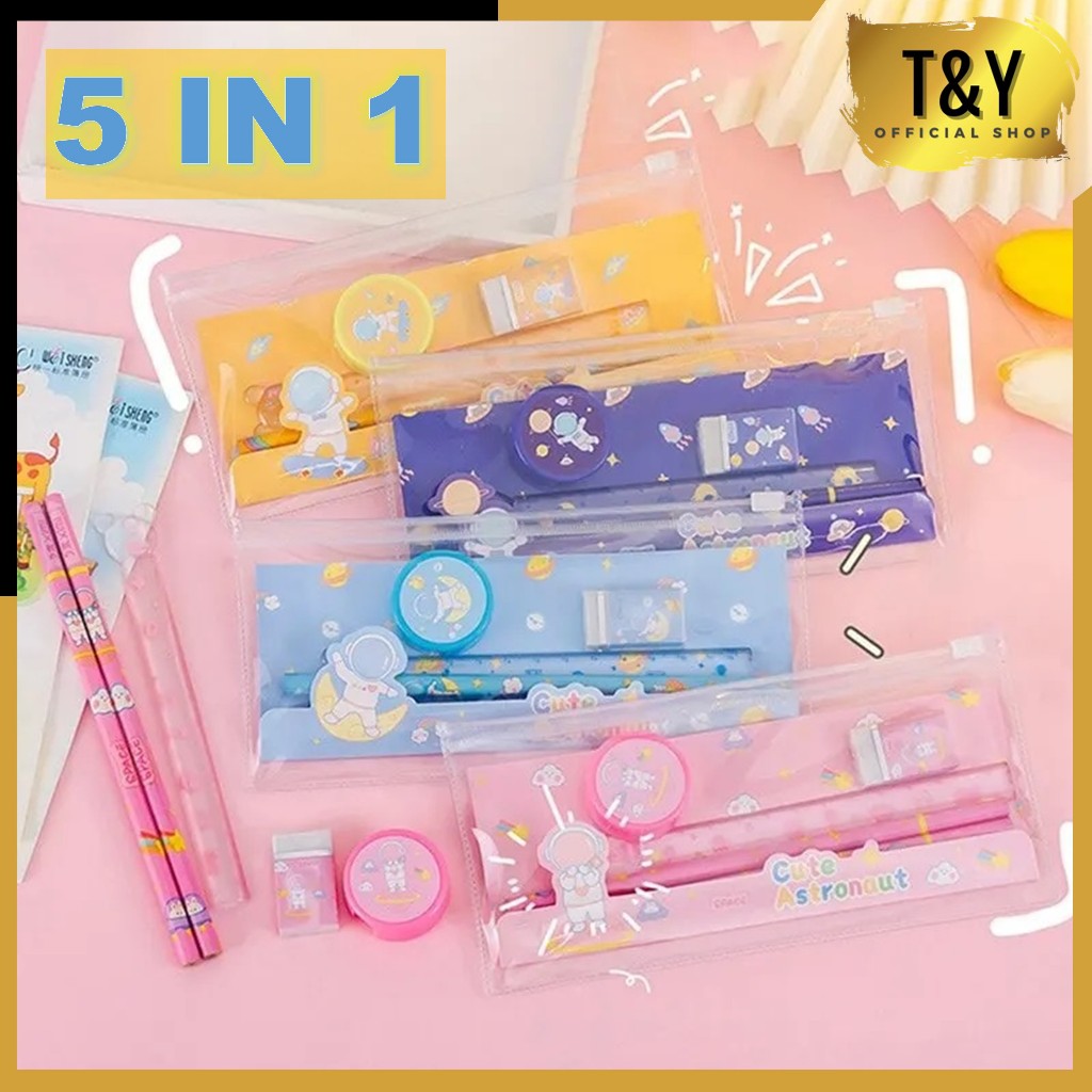 

T&Y Stationary Set Alat Tulis 5In1 Karakter Lucu Warna-Warni Astronot Stationary Alat Tulis Set Mini Anak Sekolah Penghapus Penggaris Pensil Serutan