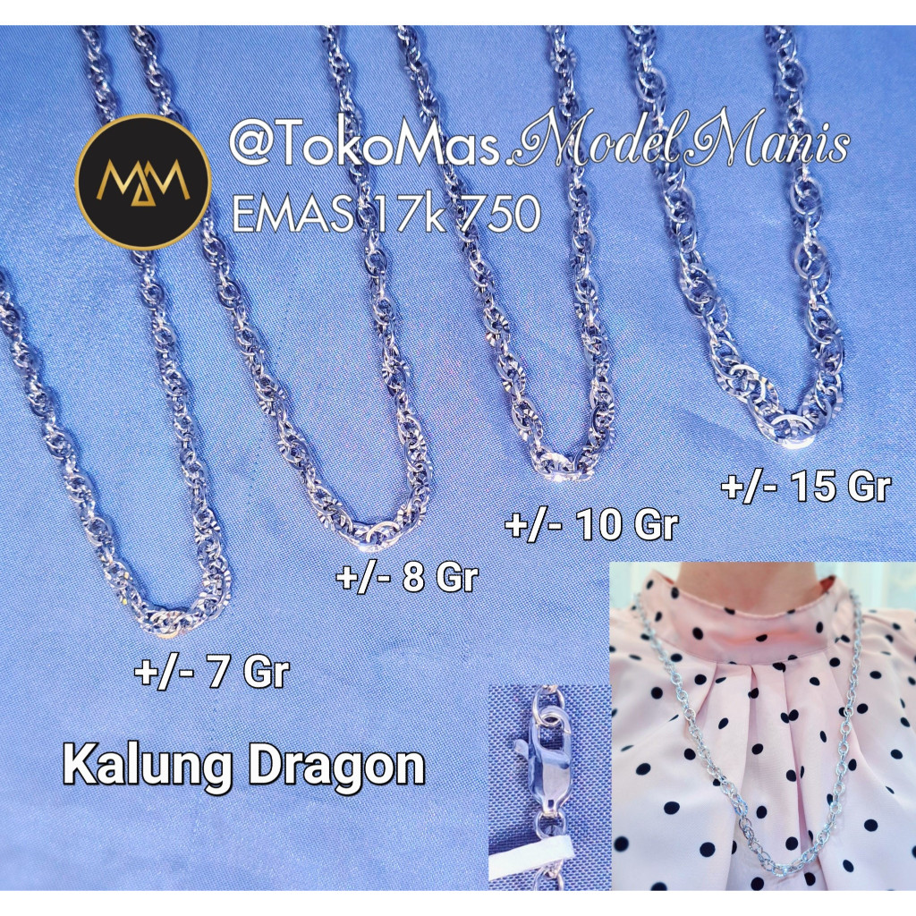 Kalung emas putih dragon besar ringan panjang 750 kadar 17 K