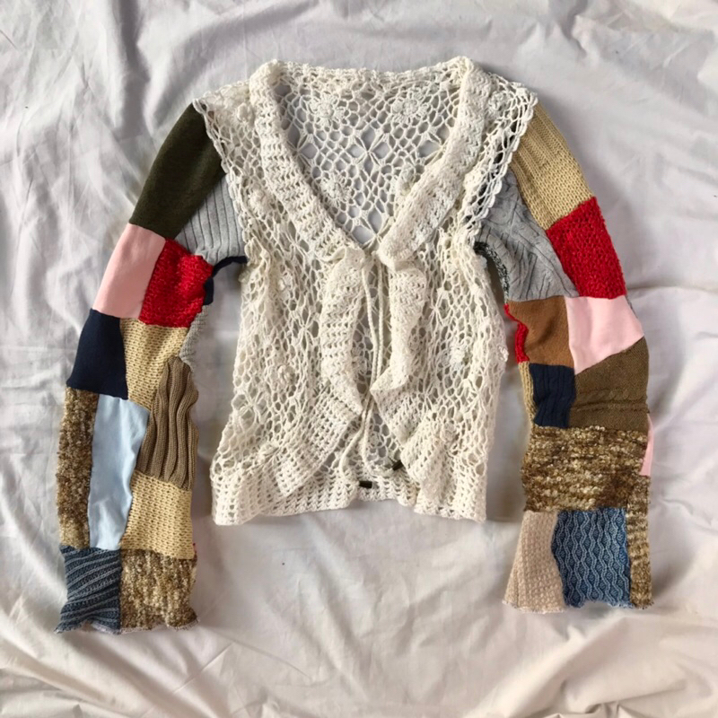 CROCHET NET CARDIGAN PATCHWORK SLEEVE