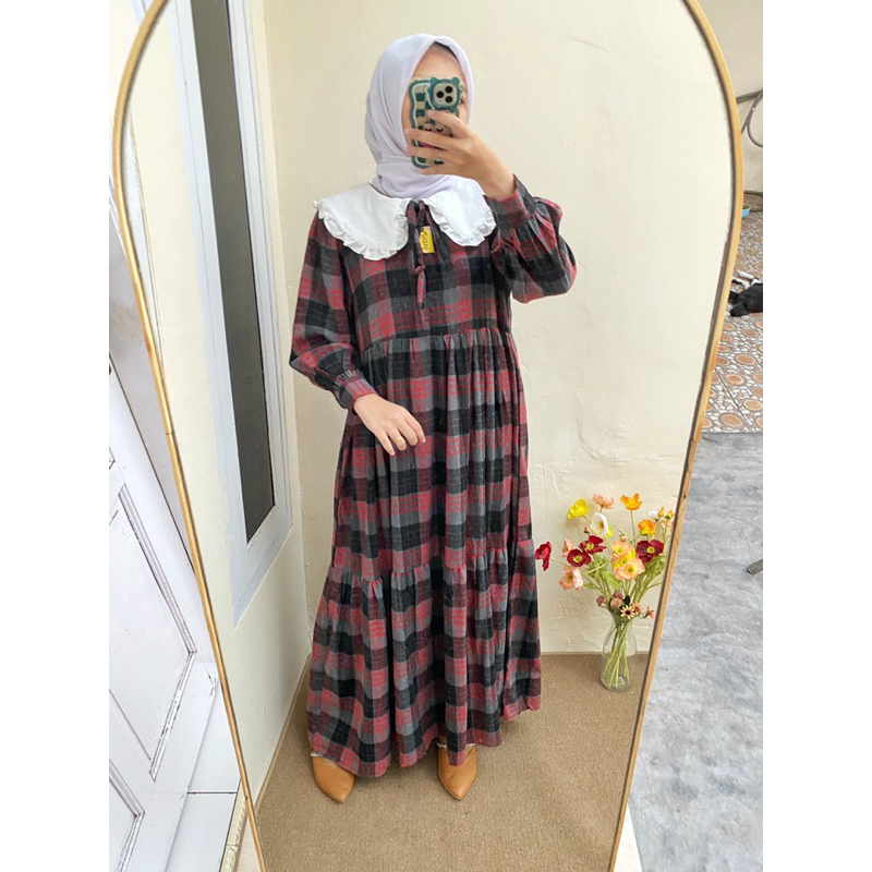 Aries Flanel Maxi - Gamis warna maroon / gamis motif kotak kotak flanel import tebal - gingham dress