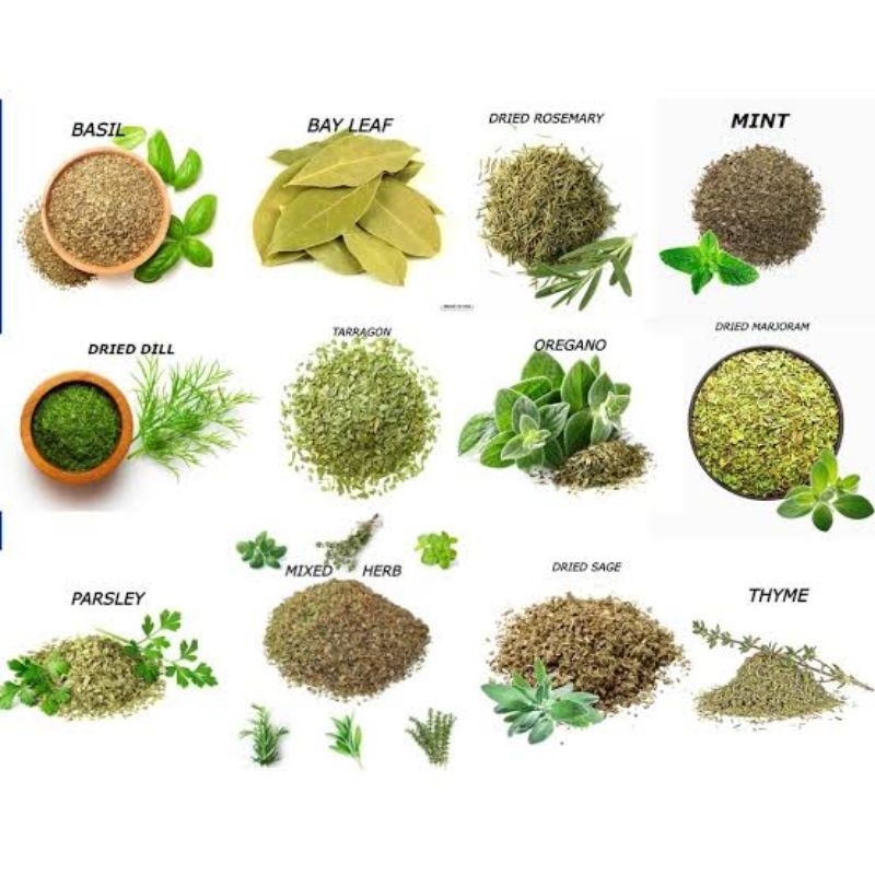 

[ SHARE PACK 30 gr ] parsley / rosemary / basil / thyme / oregano / mustard / bayleaf / basil / tarragon / nori flakes / ngo hiong / garlic / onion / paprika capsicum italian herbs seasonings / indian curry / chili flakes capsaicin HERBS pepper