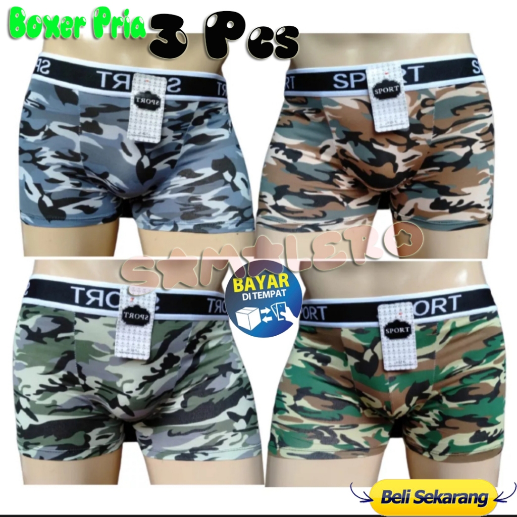 3 Pcs Celana Dalam Boxer Pria Dewasa - Pakaian Dalam Pria - Boxer Motif Army - Celana Dalam Pria Ter