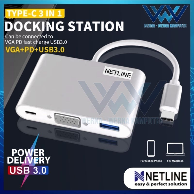 NETLINE TYPE C HUB TO VGA + USB 3.0 + Power delivery multifunction adapter