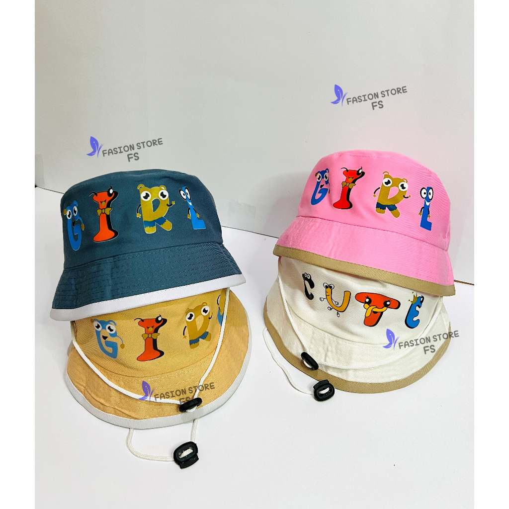 topi bucket hat anak motif cute dan girl lucu topi ember anak pakai tali 2-8 tahun