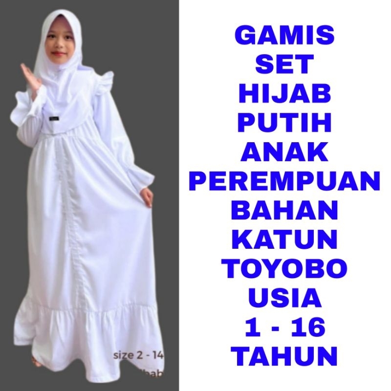 WK GAMIS SET HIJAB PUTIH ANAK PEREMPUAN BAJU MUSLIM DRESS LENGAN PANJANG