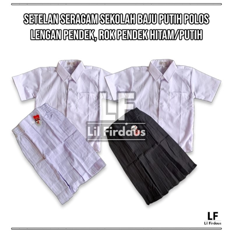 Setelan Seragam Sekolah TK/SD Anak Perempuan Baju Putih Polos Lengan Pendek Rok Rempel Pendek Hitam-