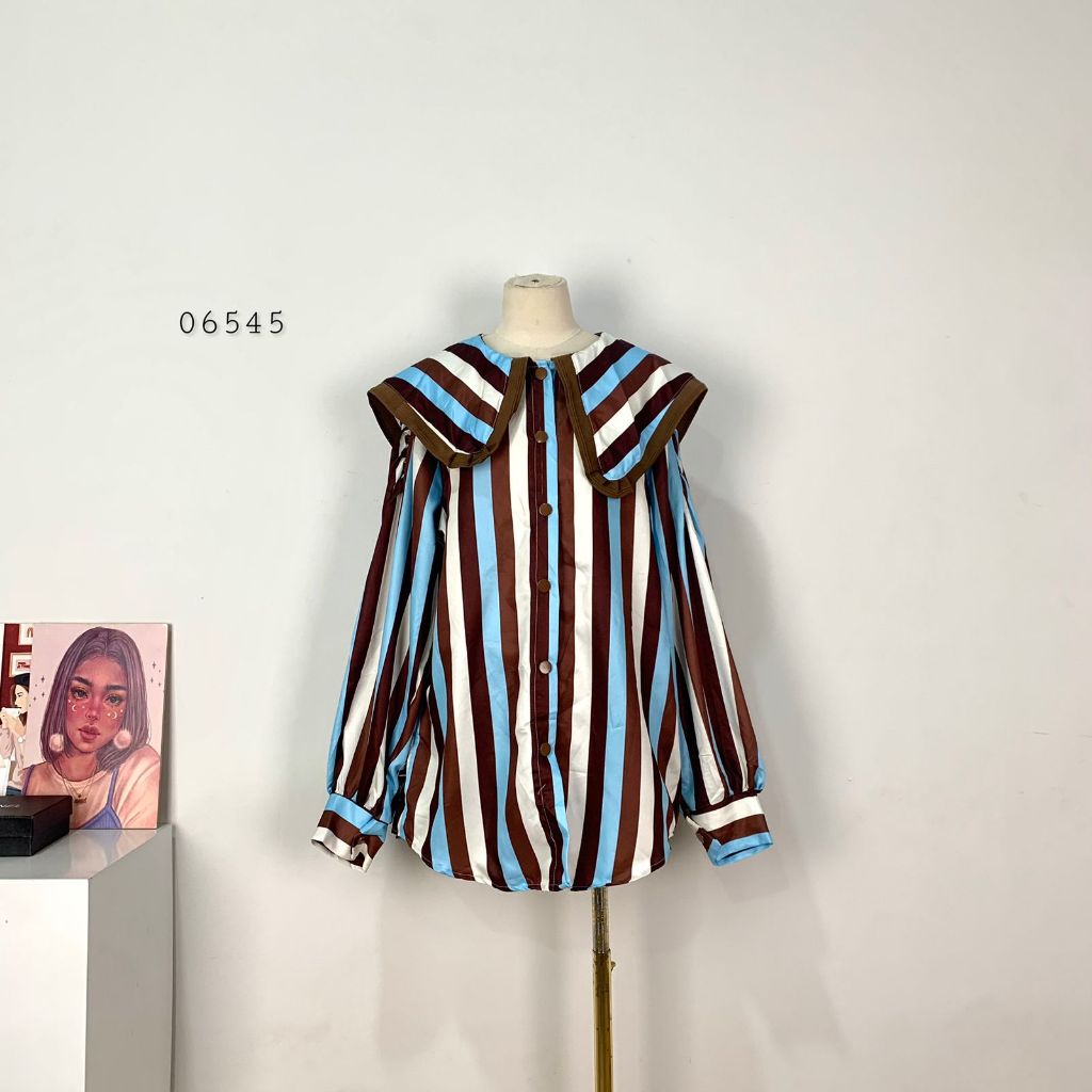 ATASAN BLOUSE KEMEJA WANITA OVERSIZE FULL STRIPE KOMBINASI WARNA KERAH KOREA BESAR TANGAN PANJANG PR