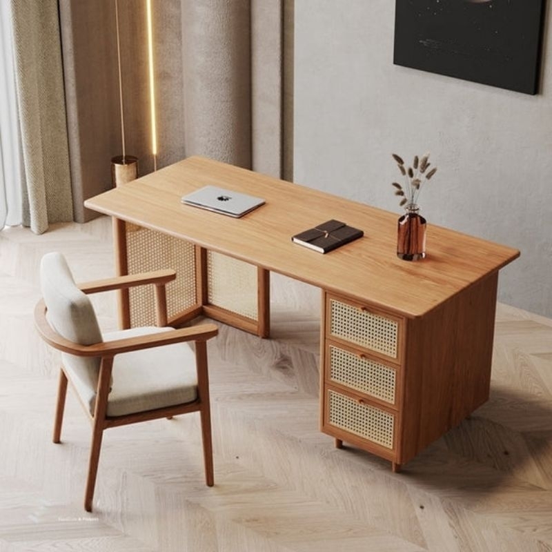 Meja Kerja Jati Kombinasi Rotan