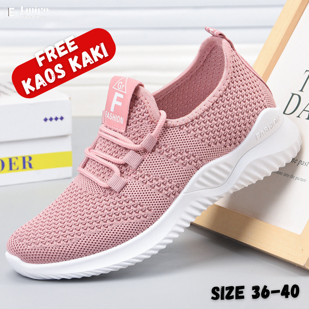 Sepatu Wanita Sneakers Import Korea Ori Casual Keren Sol Karet Lentur Kanvas Rajut Warna Merah Muda 