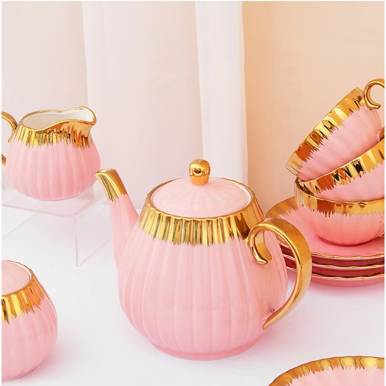 [ Hampers ] Set Tea Pot Cangkir Teko Kettle Ketel Poci Keramik Set  / Teapot Set Ribbon Gold / Teapot lucu / hampers teapot