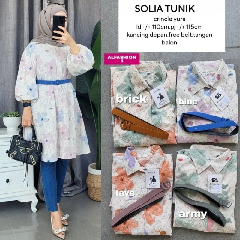 solia Tunik wanita warna Oren brick biru lavender ungu hijau army long tunic cewe bahan crinkle krin