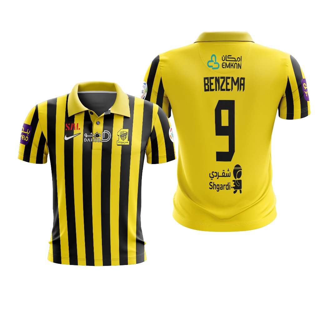 GAMEPLAN - Kaos Polo Wangky Pria Al Ittihad FC 2023 Home Olahraga Sepak Bola Custom Full Print