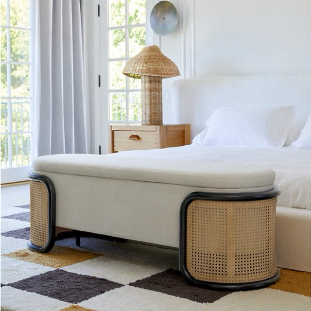 Bench Stool Storage Kombinasi Anyaman Rotan Motif Bulat / Anyaman Rotan Motif Bulat