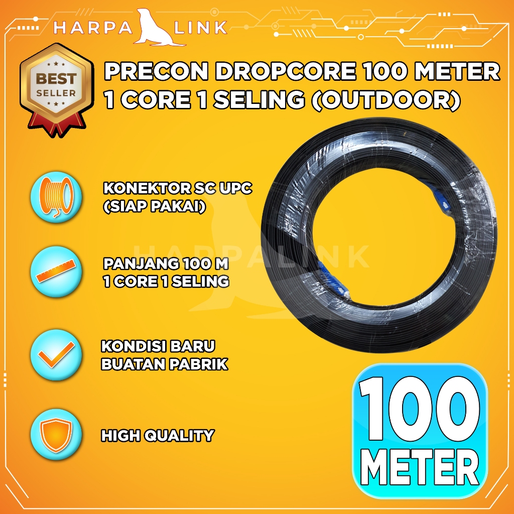 Kabel Precon Dropcore 100M SC UPC 1 Core 1 Seling Outdoor Fiber Optic Optik Cable 100 Meter FTTH FO 
