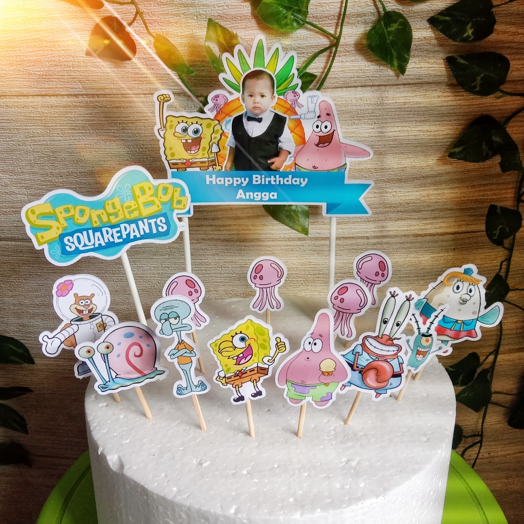 Toper Spongebob (Bisa Tambah Foto) untuk Hiasan Kue Ulang Tahun / Ultah Anak Karakter (Topper Cake C