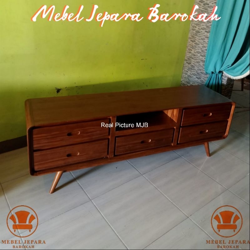 Bufet Meja TV Retro Scandinavian Kayu Jati Minimalis Rak TV Klasik 5 Laci Serbaguna