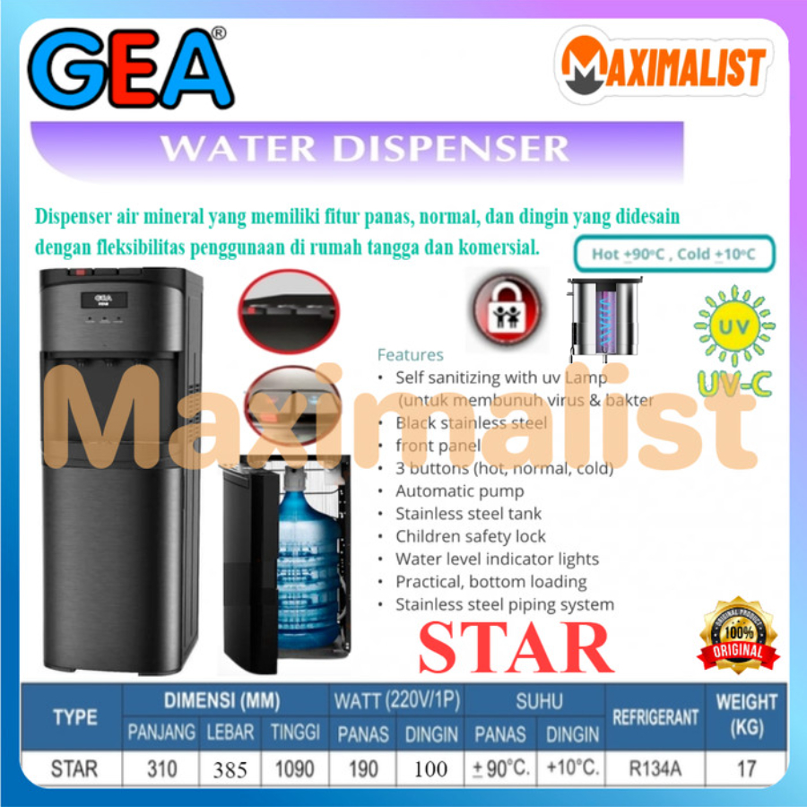 GEA Dispenser Galon Bawah STAR - GEA STAR Water Dispenser With UV Lamp - Dispenser Air Galon Bawah 3