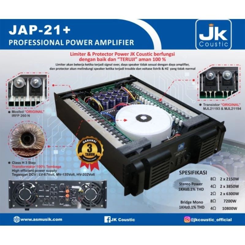 POWER AMPLIFIER JK COUSTIC JAP 21+ Original 2x2150watt class H 3Steep