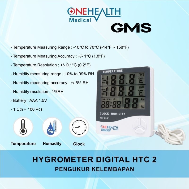 Hygrometer Digital HTC 2 Onehealth / Thermometer Ruangan Pengukur Suhu Kelembaban Ruangan