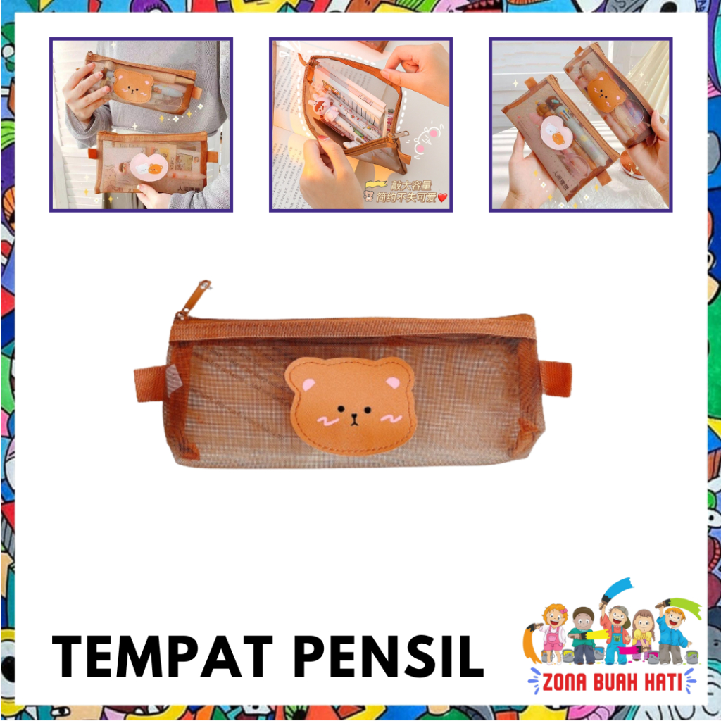 

ZBH Tempat Pensil Zipper Coklat Motif Beruang Dompet Pensil Coklat Lucu Motif Bear Tempat Makeup Teddy Brown Model Jaring Transparan dan Multicolour Cute