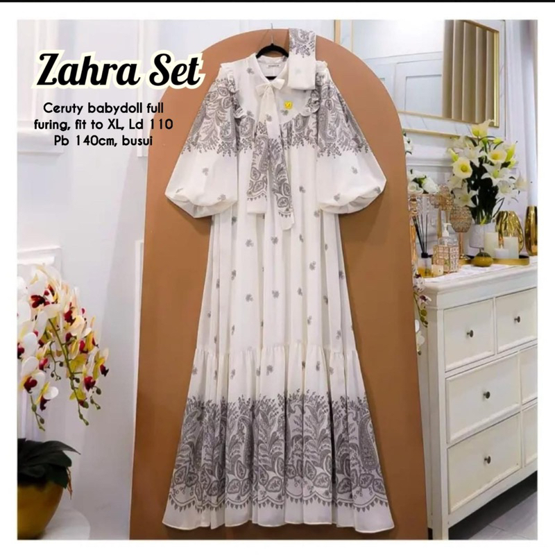 ZAHRA SET 2 /ZAHARA SET 3/ARUMI SET SIZE (XL,XXL) CERUTY MOTIF ETNIK SET JILBAB SEGI EMPAT MOTIF TER